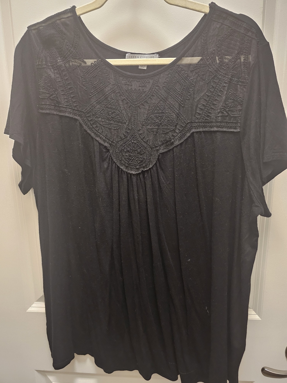 Green Envelope Black Embroidered Yoke Short Sleeve Tunic